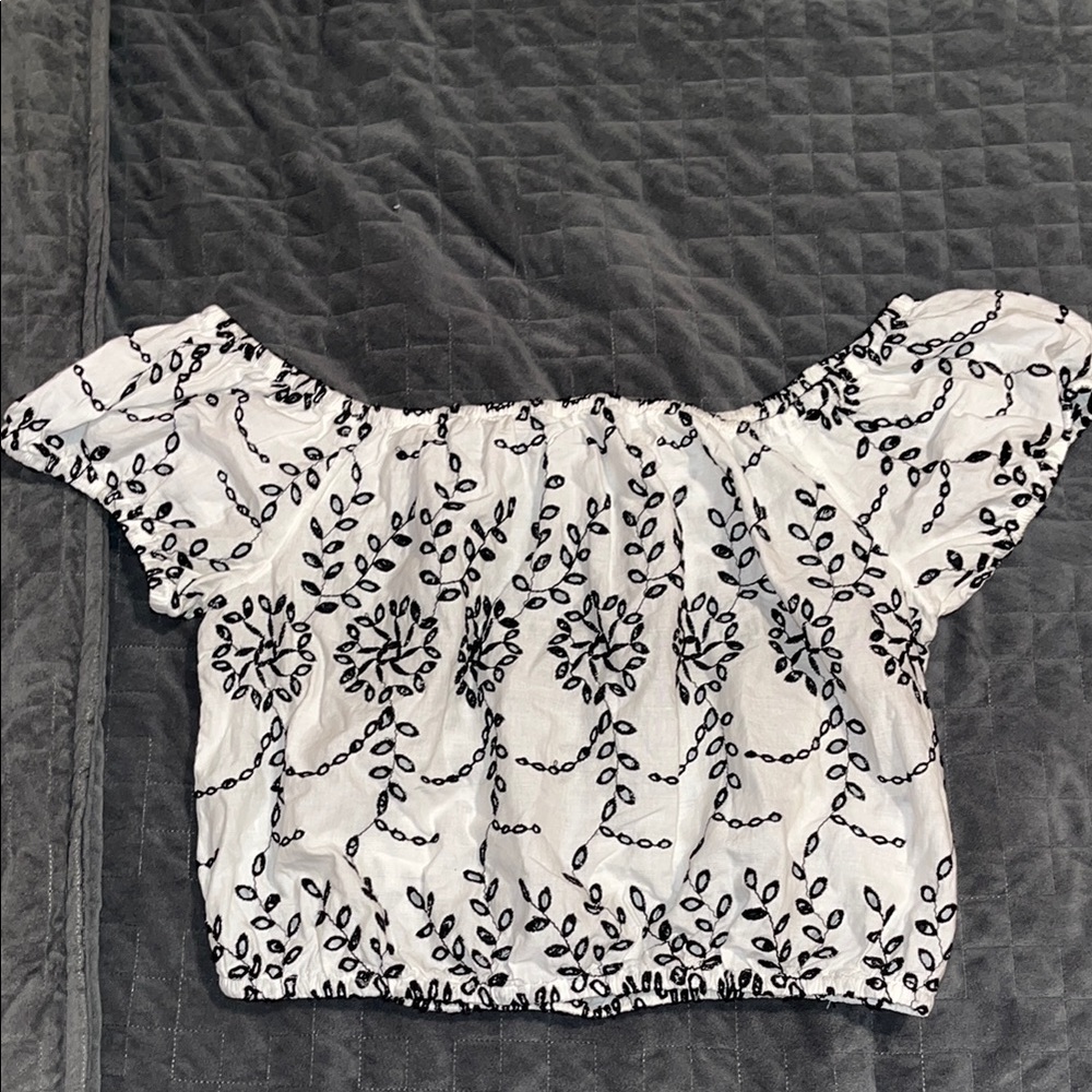 White and Black Smocked Cap Sleeve Blouse